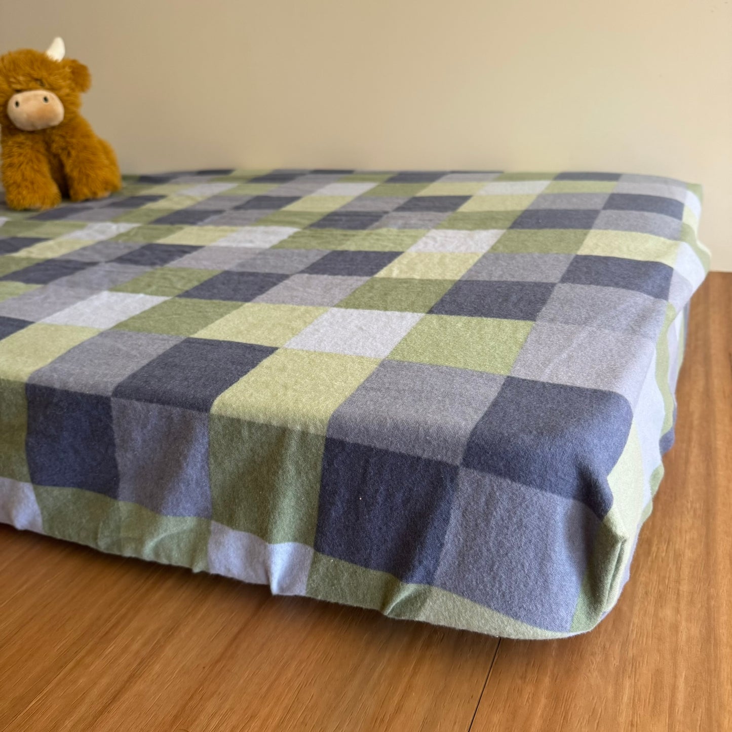 Flannel Fitted Cot Sheet - Blue Green Gingham